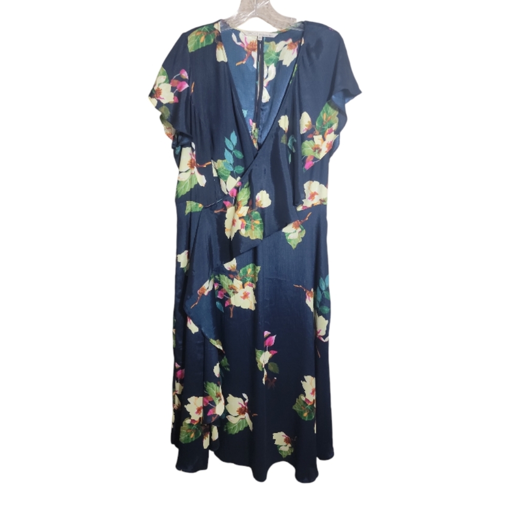 Rachel Rachel Roy plus size 1X faux wrap floral ruffle midi dress v neck pockets